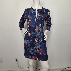 Josie Natori Josie Navy Multicolor Floral Boho Dark Academia Shift Dress Size S